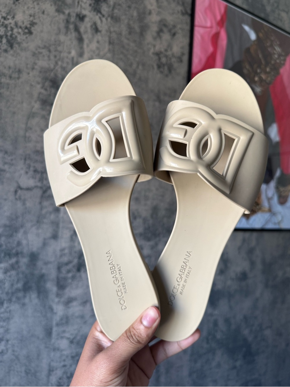 Dolce & Gabbana Cream Logo Slide Sandals - Designer Jelly Slides